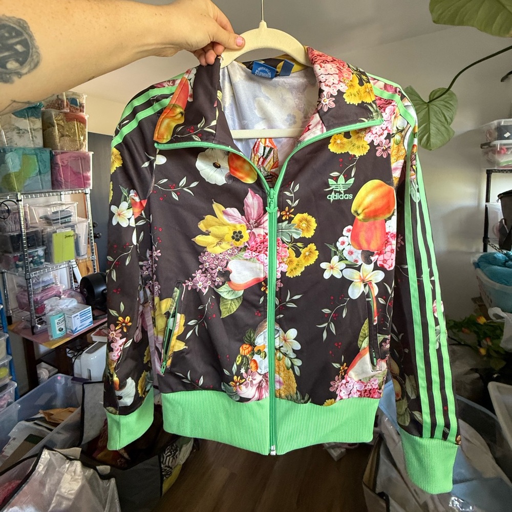 Adidas Women's Floral Bomber Jacket - Black and Green